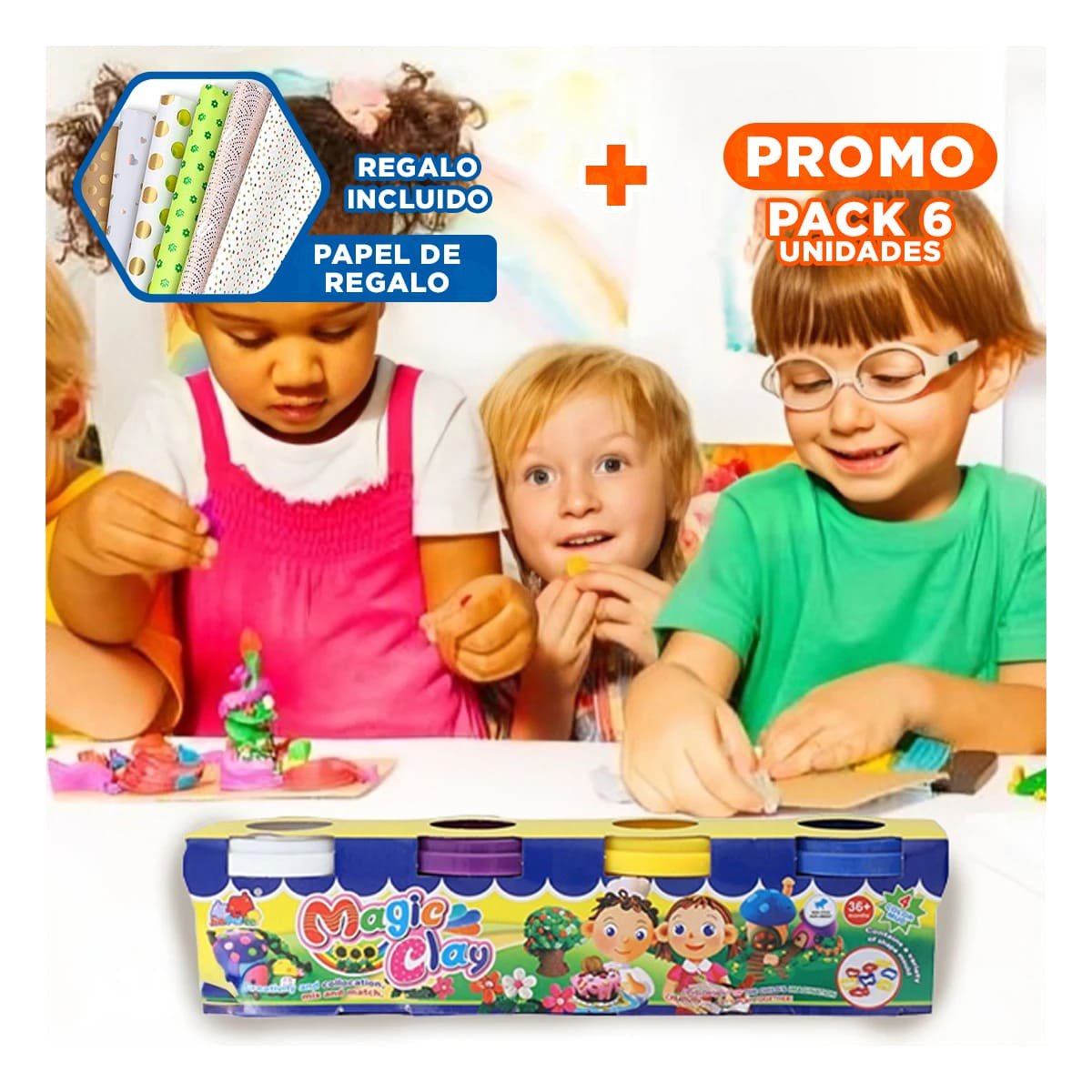 PACK6 CONTENEDOR DE PLASTILINA X4 EN VASOS DE COLORES PARA MANUALIDADES Y+PAPEL REGALO - 1