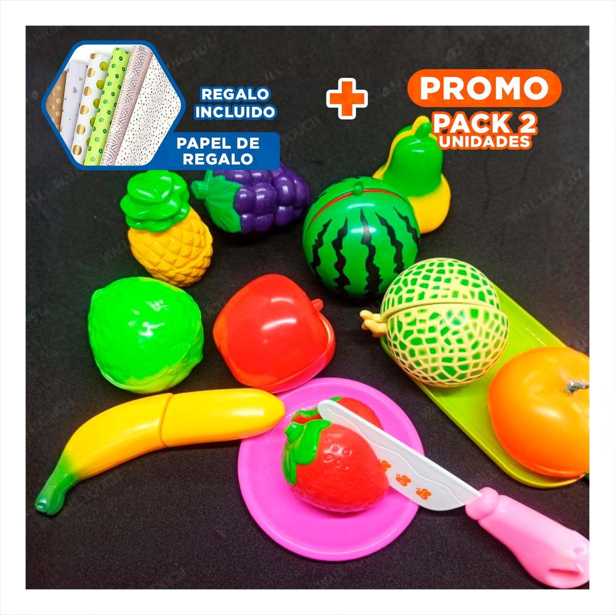 PACK2 FORMATO EDUCATIVO DE FRUTAS PARA CORTAR CON TABLA PARA PICAR Y DIVERSION Y+PAPEL REGALO - 1