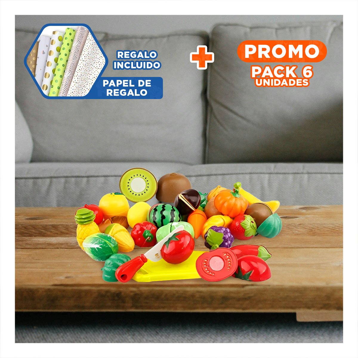 PACK6 PAQUETE DE COCINA DIDACTICO CON VERDURAS PARA CORTAR Y TABLA PARA PICAR Y+PAPEL REGALO - 1