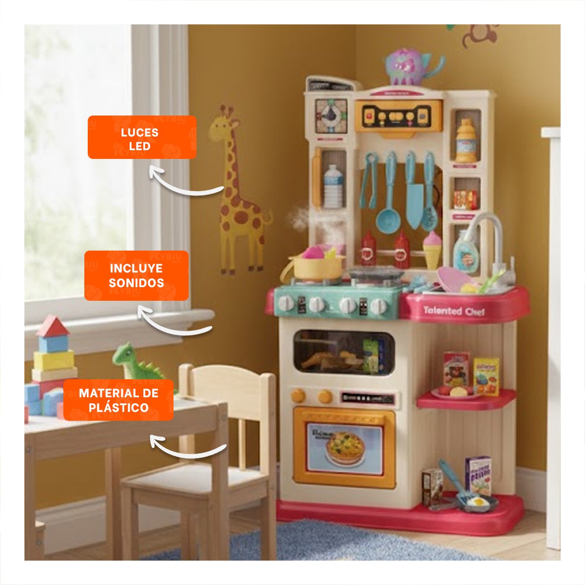 MESA DE COCINA ROSADO CON ACCESORIOS PARA JUEGO DE HOGAR Y DIVERSION Y+REGALO STICKER - 5