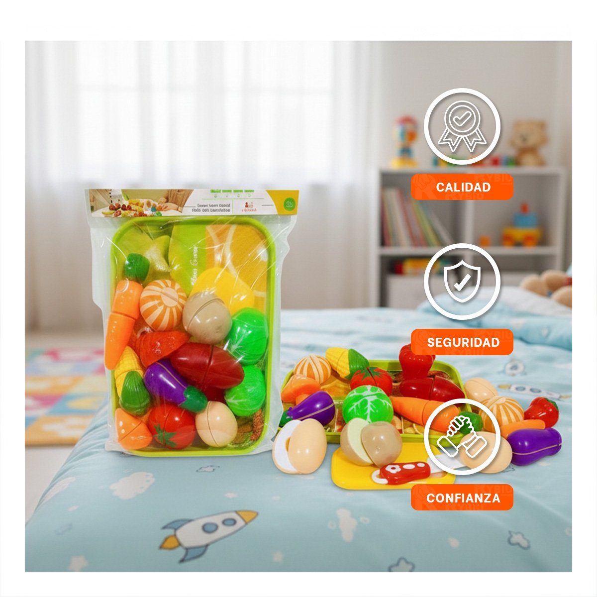 UTENSILIOS DE COCINA CON VERDURAS PARA CORTAR Y TABLA CON BANDEJA Y+LIGAS REGALO - 2
