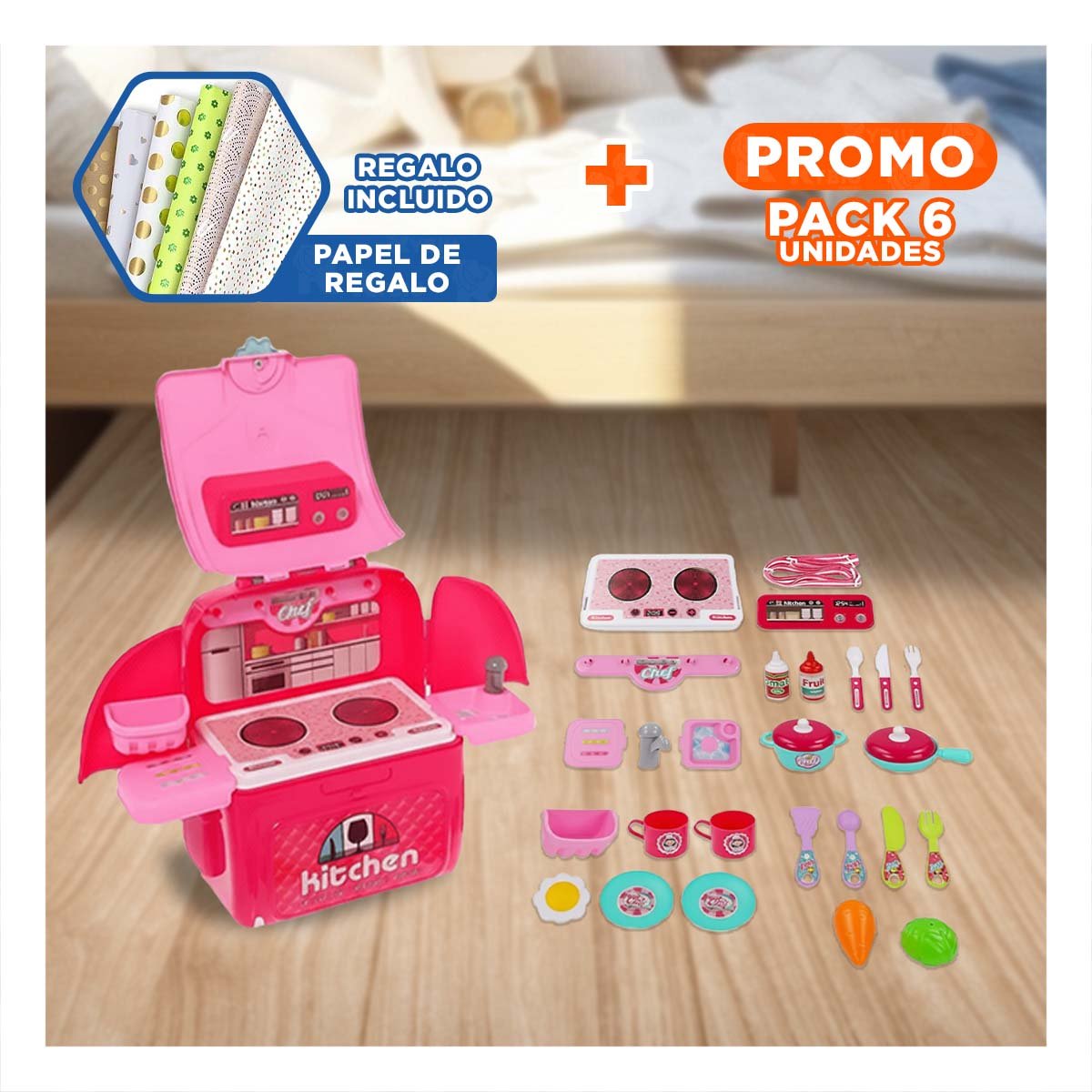 PACK6 JUEGO DE COCINA INFANTIL CON ACCESORIOS EN MALETA PARA NIÑOS PEQUENOS Y+PAPEL REGALO - 1