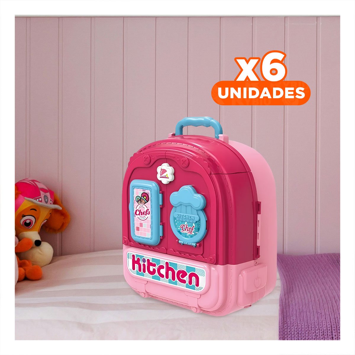 PACK6 JUEGO INFANTIL DE COCINA PORTATIL ROSADO 3 EN 1 CON ACCESORIOS Y+REGALO STICKER - 1