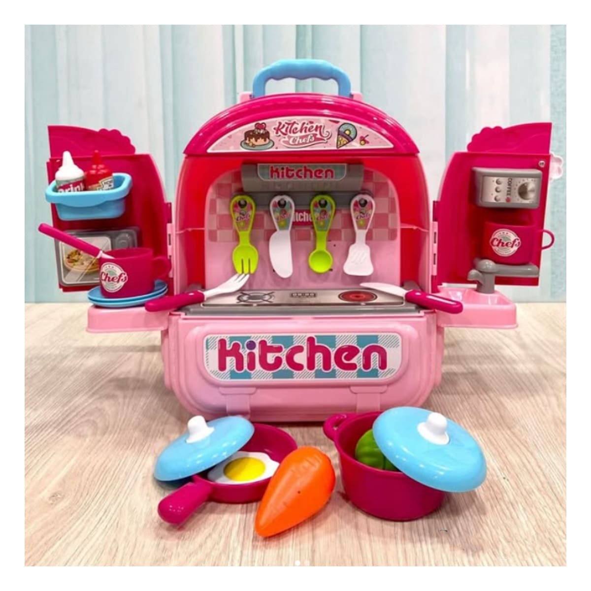 PACK6 JUEGO INFANTIL DE COCINA PORTATIL ROSADO 3 EN 1 CON ACCESORIOS Y+REGALO STICKER - 5