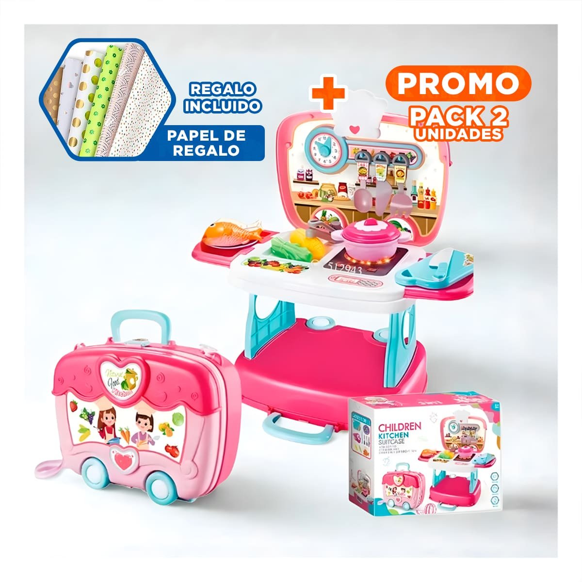 PACK2 PAQUETE EDUCATIVO CON SET DE COCINA MALETA EN CAJA Y+PAPEL REGALO - 1