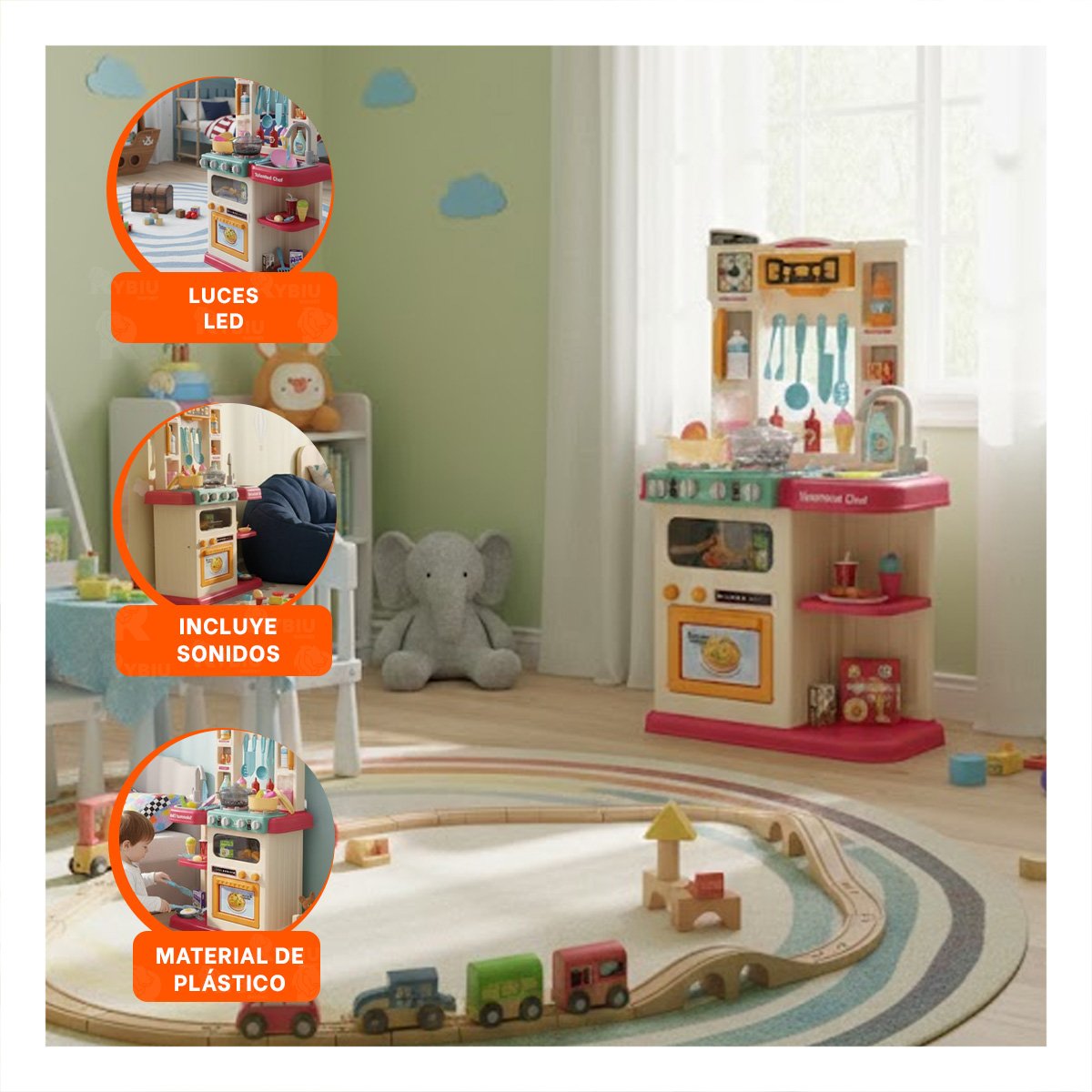 ZONA DE COCINA ROSADO CON ACCESORIOS PARA JUEGO CREATIVO DE HOGAR Y+PAPEL REGALO - 5
