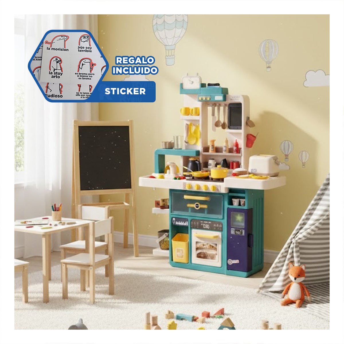 ZONA DE COCINA INFANTIL CELESTE CON ACCESORIOS PARA JUEGO CREATIVO EN HOGAR Y+REGALO STICKER - 1