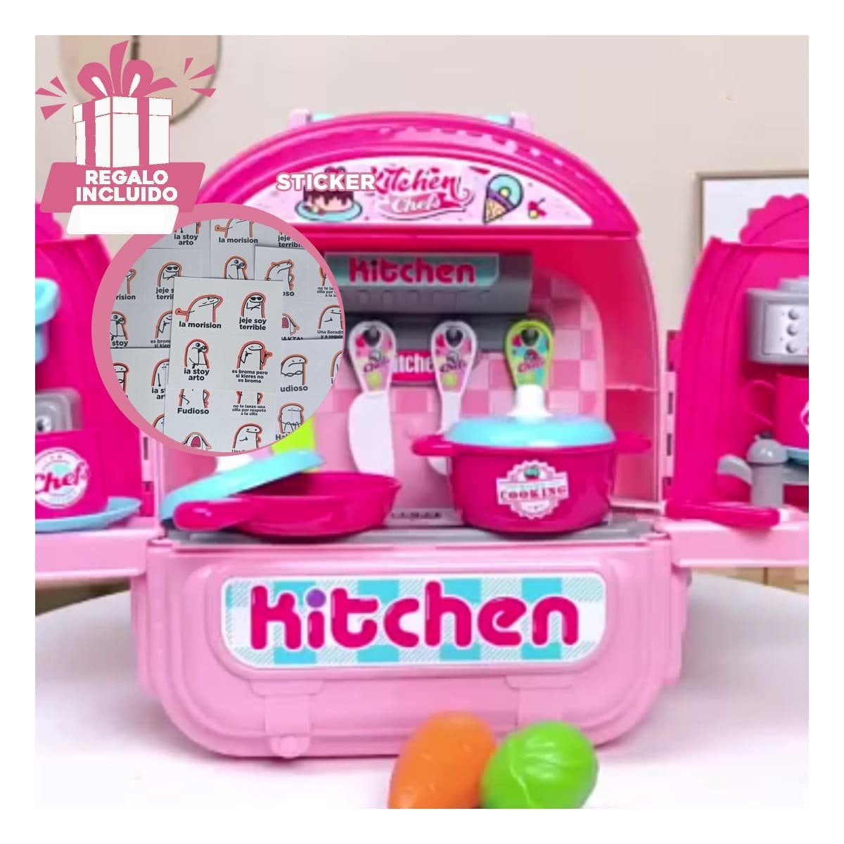 MOCHILA COCINA DE JUGUETE ROSADO 3 EN 1 PARA NIÑAS Y+REGALO STICKER - 1