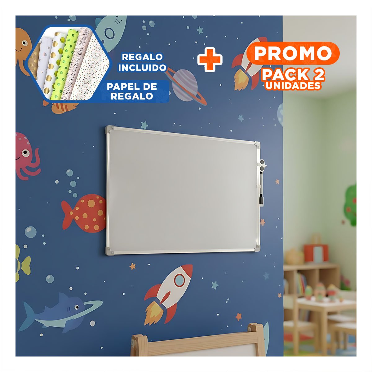 PACK2 LAMINA BLANCA FUNCIONAL 25X35CM CON MARCO METAL PARA NOTAS DIARIAS Y+PAPEL REGALO - 1
