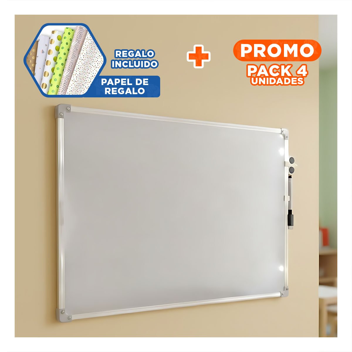 PACK4 PIZARRON BLANCO COMPACTO 25X35CM CON MARCO METAL PARA ESCRITORIO Y+PAPEL REGALO - 1