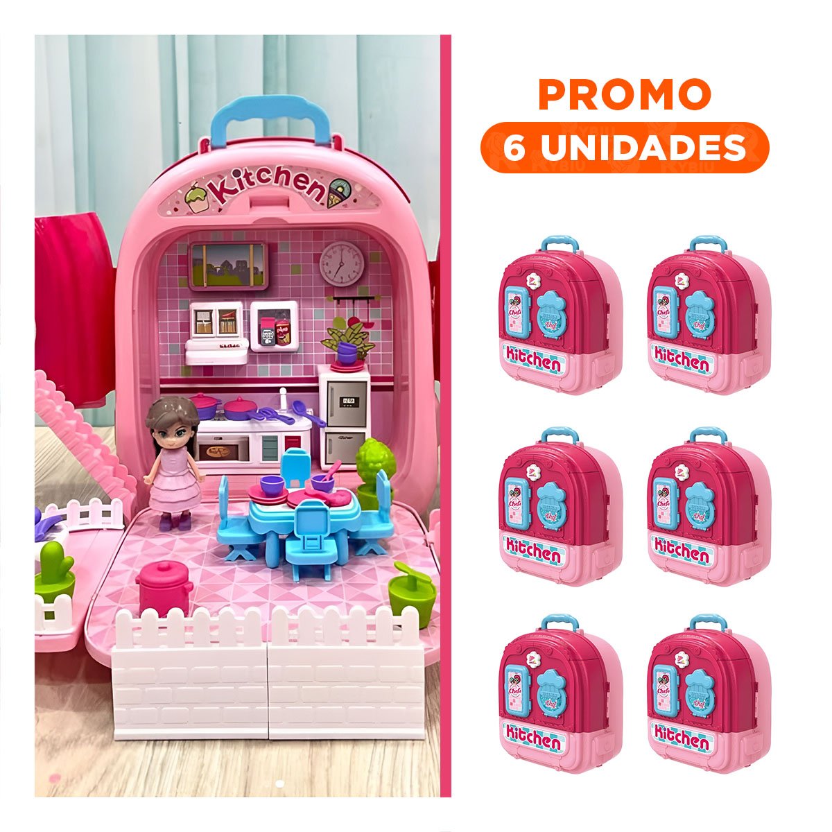 PACK6 JUEGO SIMBOLICO DE COCINA INFANTIL MOCHILA 3 EN 1 ROSADO PARA NIÑAS - 1