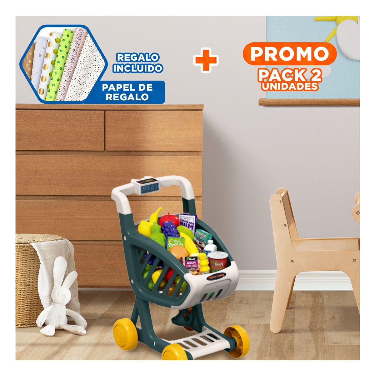 PACK2 JUEGO DE COMPRAS MUSICAL 41 PZS VERDE OSCURO PARA SUPERMERCADO INFANTIL Y+PAPEL REGALO - 1