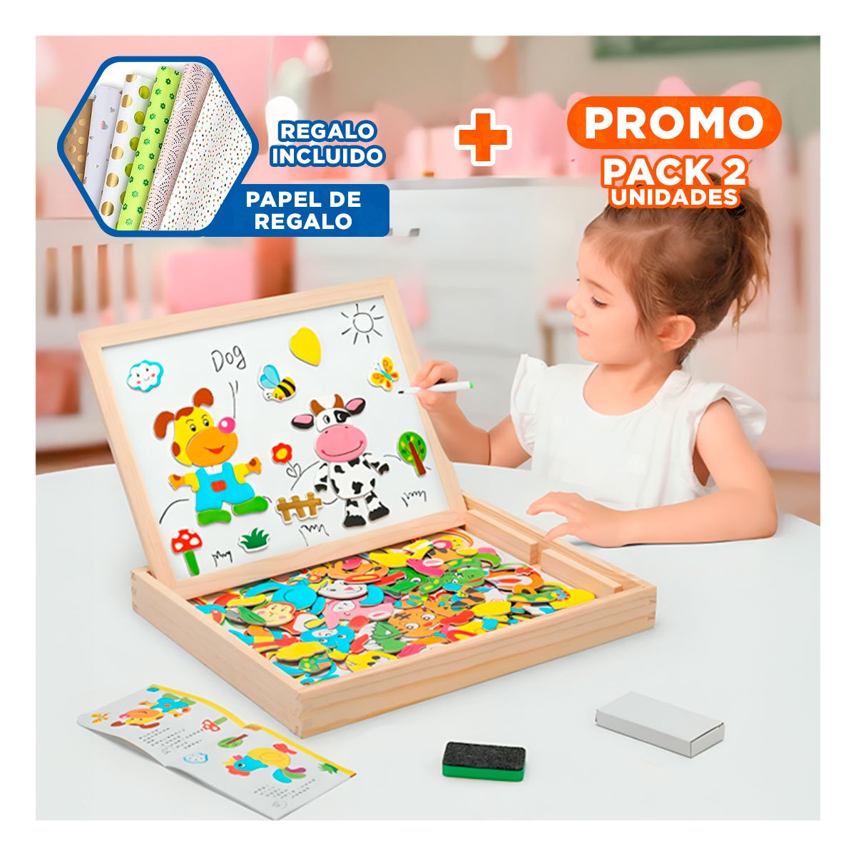 PACK2 TABLA MAGNETICA DE ANIMALES EDUCATIVA 2 EN 1 MULTICOLOR PARA APRENDIZAJE Y+PAPEL REGALO - 1