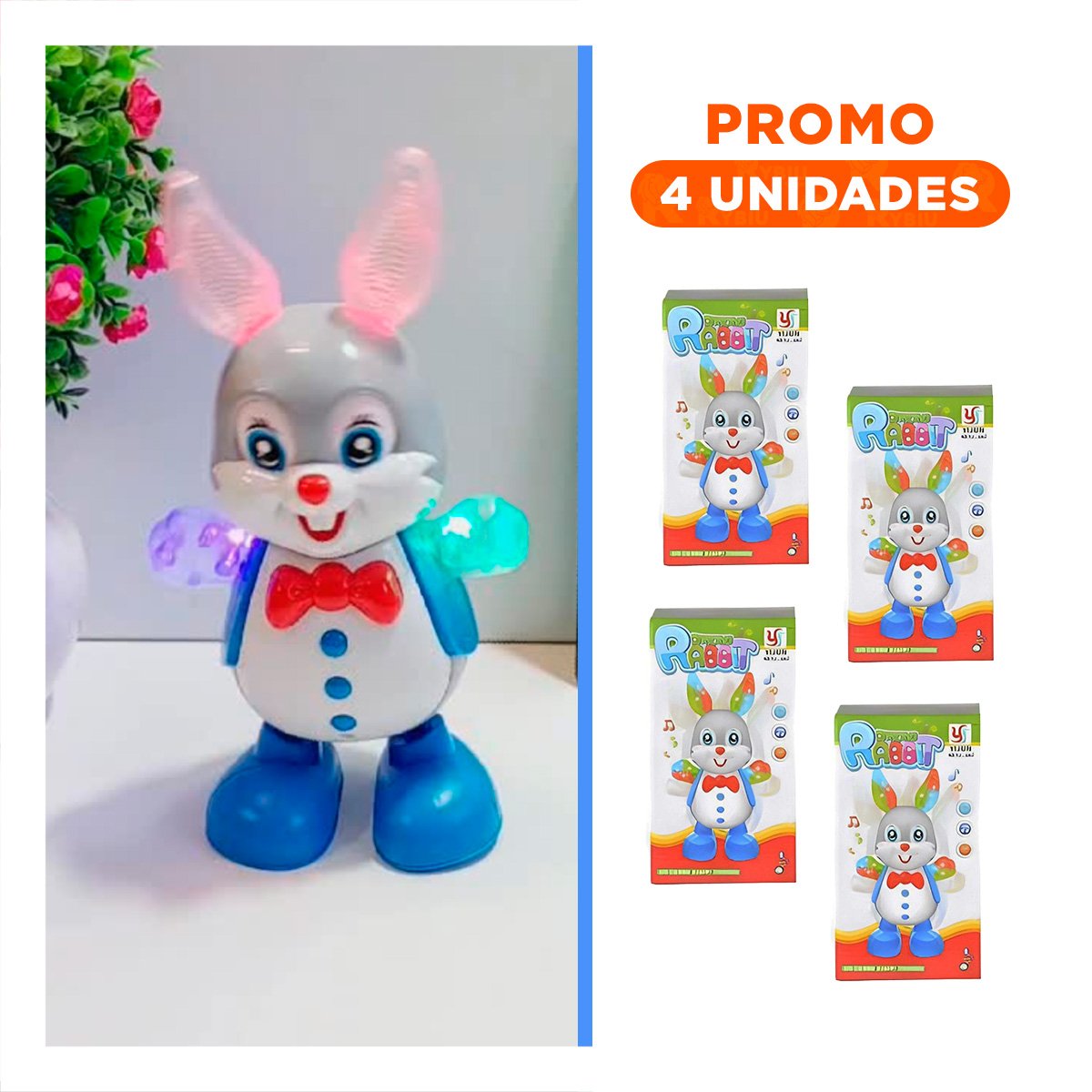 PACK4 ARTICULO ANIMADO CONEJO INTERACTIVO MUSICAL CON LUCES LED ESTILO MODERNO Y+REGALO STICKER - 1