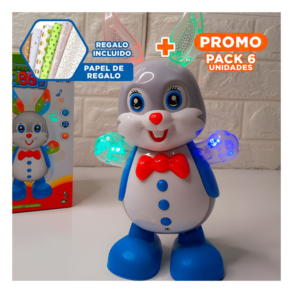 PACK6 REGALO ANIMADO CONEJO MUSICAL CON LUCES LED DIVERSION PARA CASA Y+PAPEL REGALO - 1