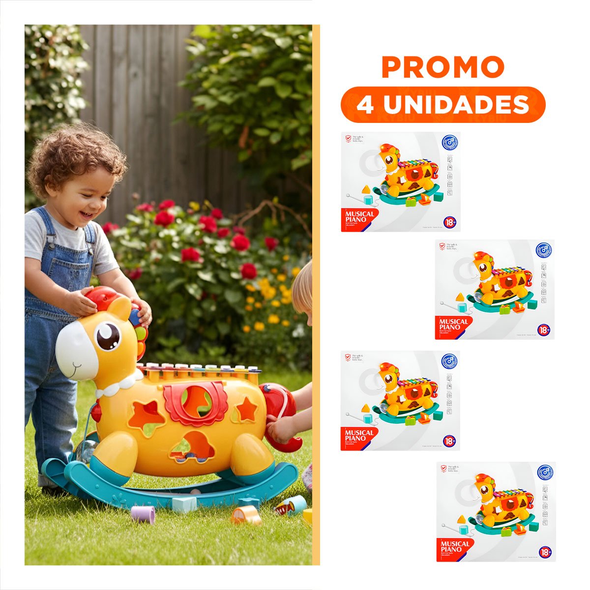 PACK4 CENTRO LUDICO MUSICAL INFANTIL ROJO Y AMARILLO CON XILOFONO Y CABALLO Y+REGALO STICKER - 1