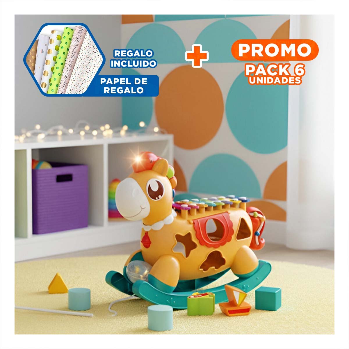 PACK6 JUEGO MUSICAL DIDACTICO ROJO Y AMARILLO CON CABALLO XILOFONO Y BLOQUES Y+PAPEL REGALO - 1