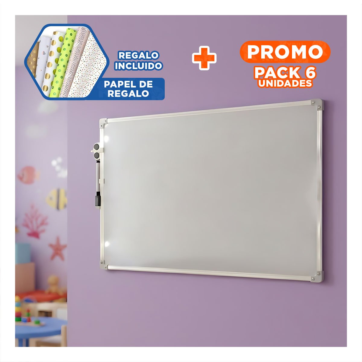 PACK6 SOPORTE BLANCO 25X35CM CON MARCO METAL PARA NOTAS VISIBLES EN OFICINA Y+PAPEL REGALO - 1