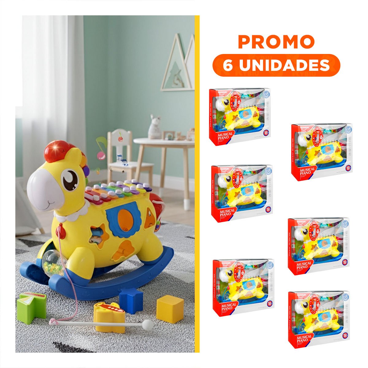 PACK6 JUEGO MUSICAL DIDACTICO AZUL Y AMARILLO CON CABALLO XILOFONO Y BLOQUES - 1