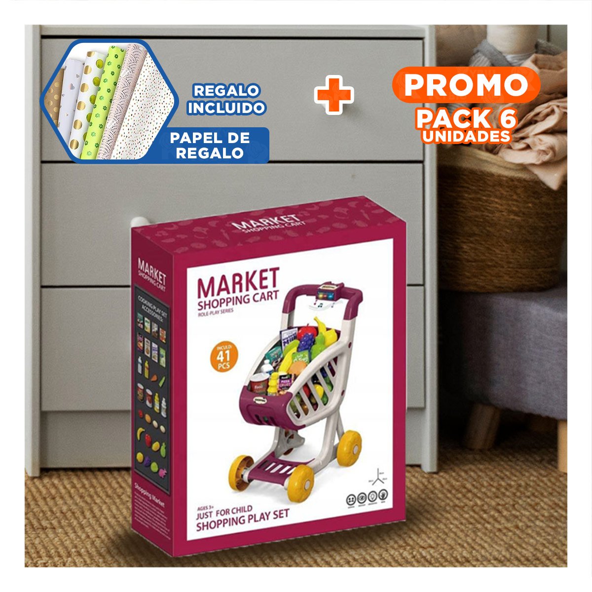 PACK6 IMPLEMENTO PARA COMPRAS INFANTIL 41 PZS GUINDA PARA JUEGO DE COMPRAS Y+PAPEL REGALO - 1
