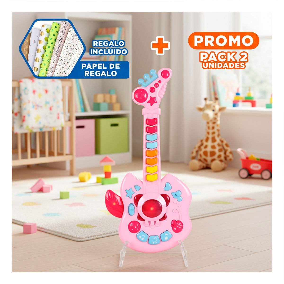 PACK2 SONORA INFANTIL TIPO GUITARRA MANZANA ROSADO Y CELESTE 37X13CM Y+PAPEL REGALO - 1