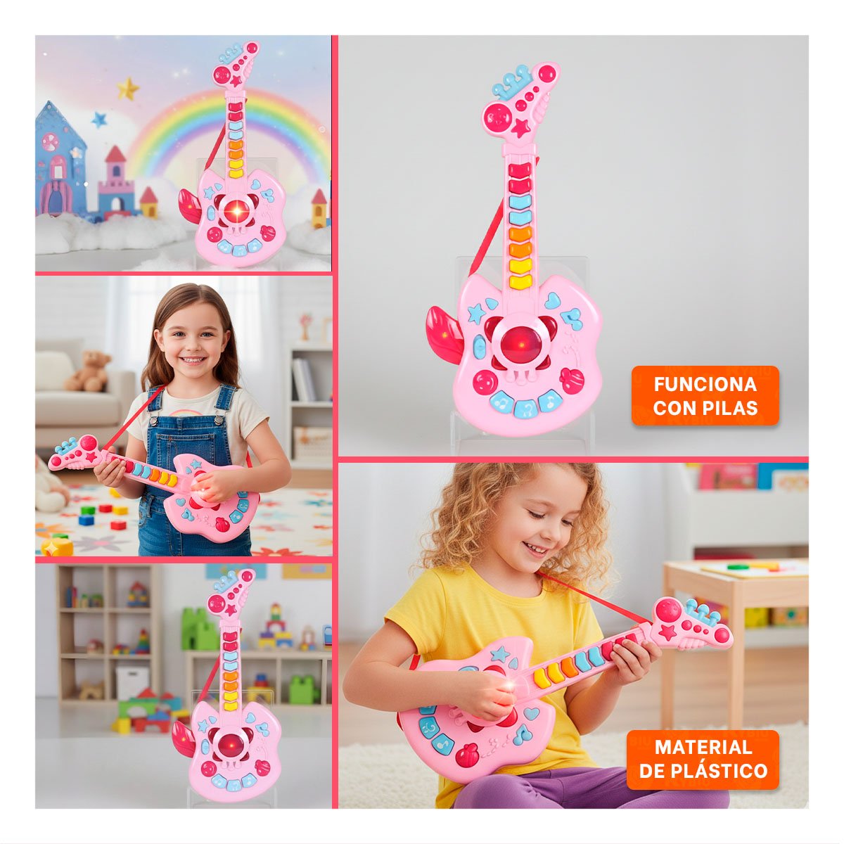 PACK2 SONORA INFANTIL TIPO GUITARRA MANZANA ROSADO Y CELESTE 37X13CM Y+PAPEL REGALO - 3