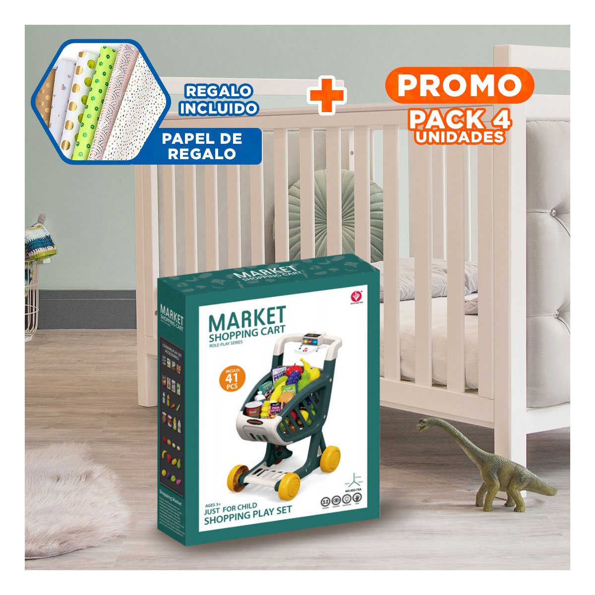 PACK4 JUEGO DE COMPRAS MUSICAL 41 PZS VERDE OSCURO PARA NINOS EN CASA Y+PAPEL REGALO - 1