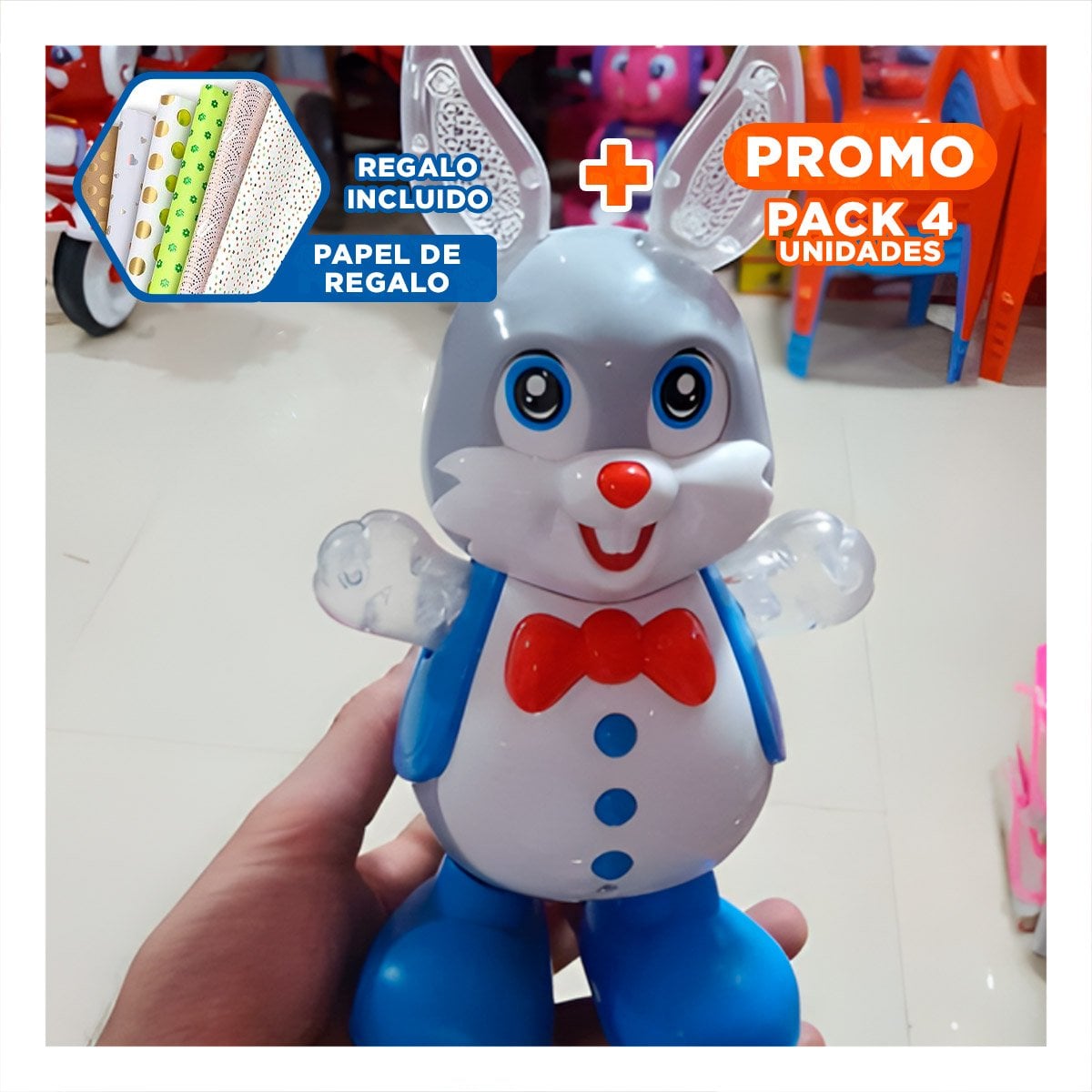 PACK4 MUNECO CONEJO INTERACTIVO MUSICAL CON LUCES LED MOVIMIENTO PARA HOGAR Y+PAPEL REGALO - 1