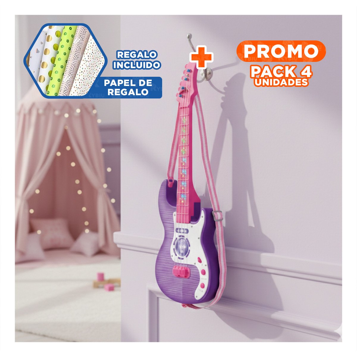PACK4 LINEA SONORA INFANTIL GUITARRA ROSADO MORADO 53.5CM PARA NINAS Y+PAPEL REGALO - 1
