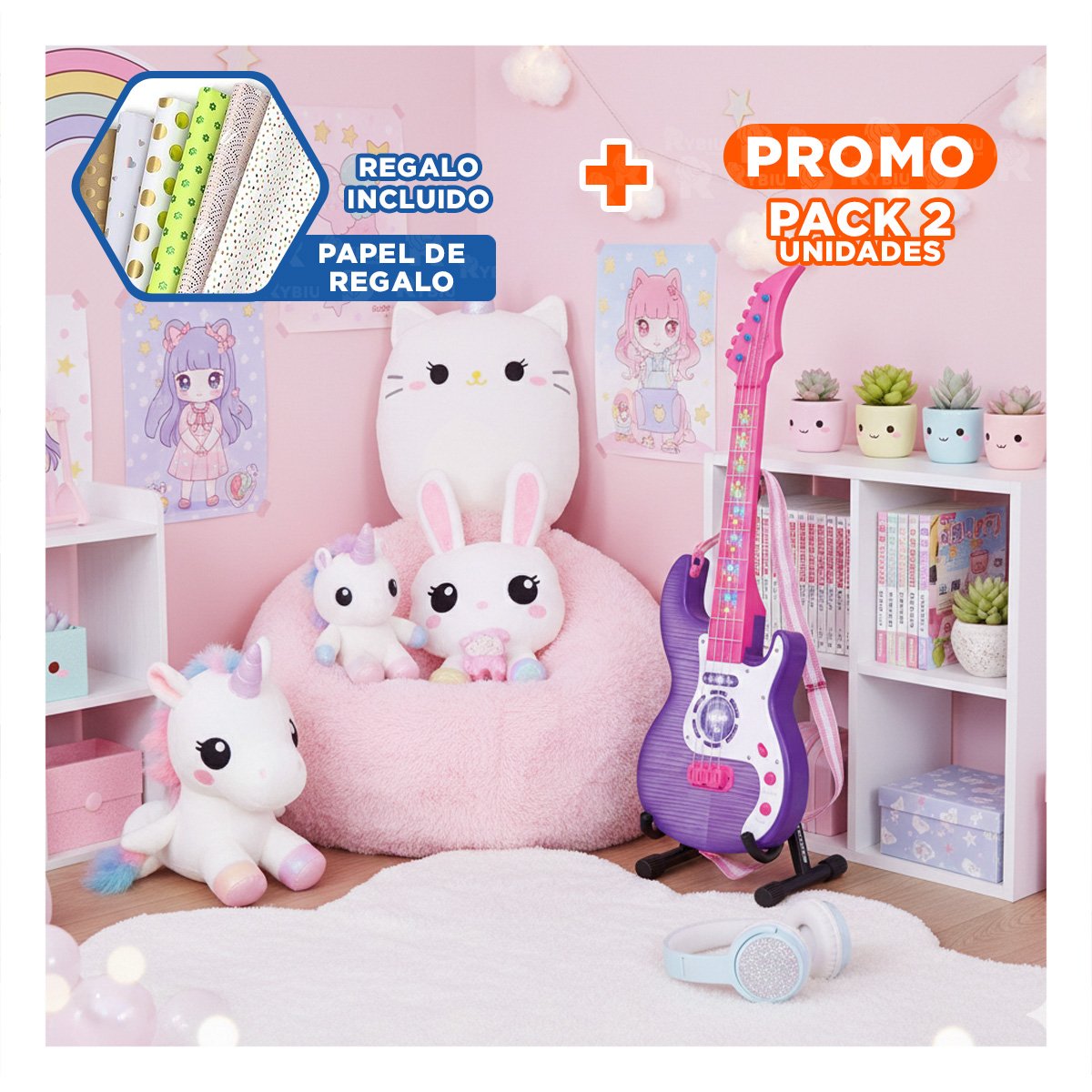 PACK2 UNIVERSO MUSICAL INFANTIL GUITARRA ROSADO MORADO 53.5CM PARA DIVERSION Y+PAPEL REGALO - 1