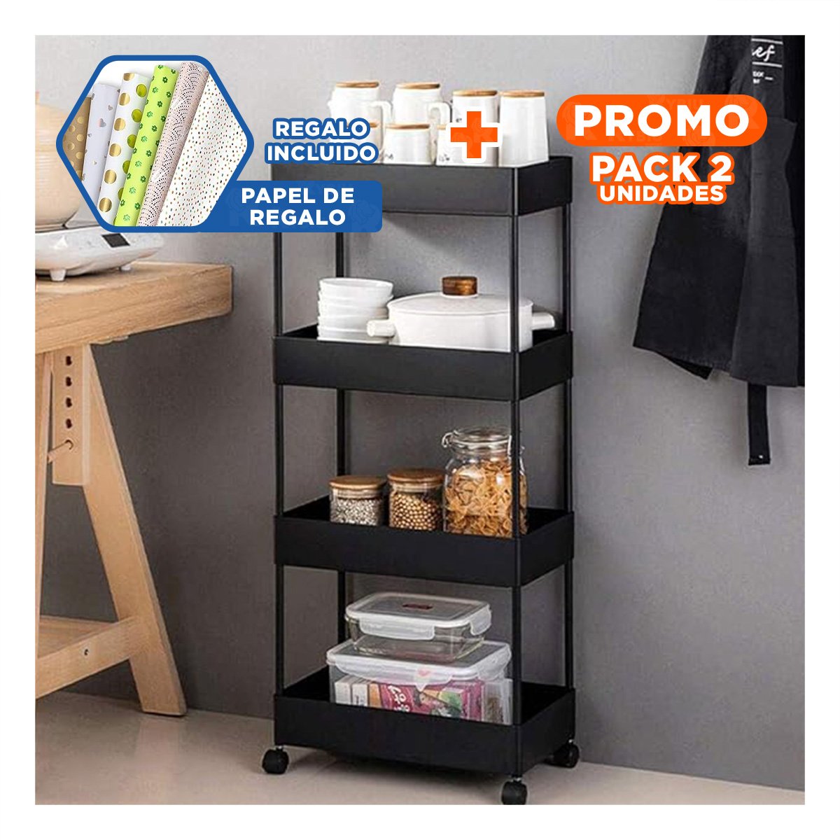 PACK2 GABINETE LATERAL DE 4 NIVELES CON 4 RUEDAS NEGRO PLASTICO FUNCIONAL Y+PAPEL REGALO - 1