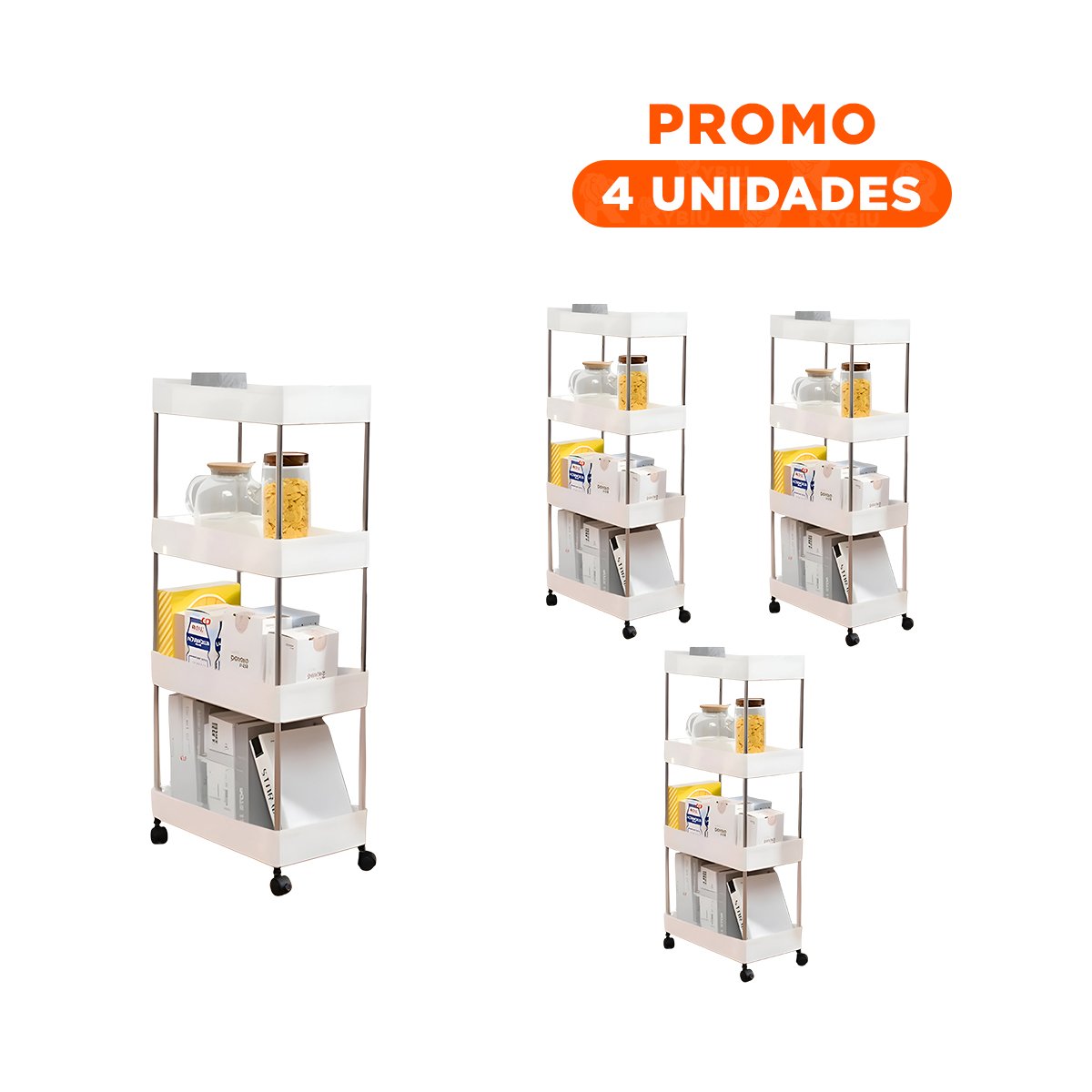 PACK4 PLATAFORMA AUXILIAR 4 NIVELES CON RUEDAS DELGADO BLANCO 90 X 13 X 40 CM Y+REGALO STICKER - 1