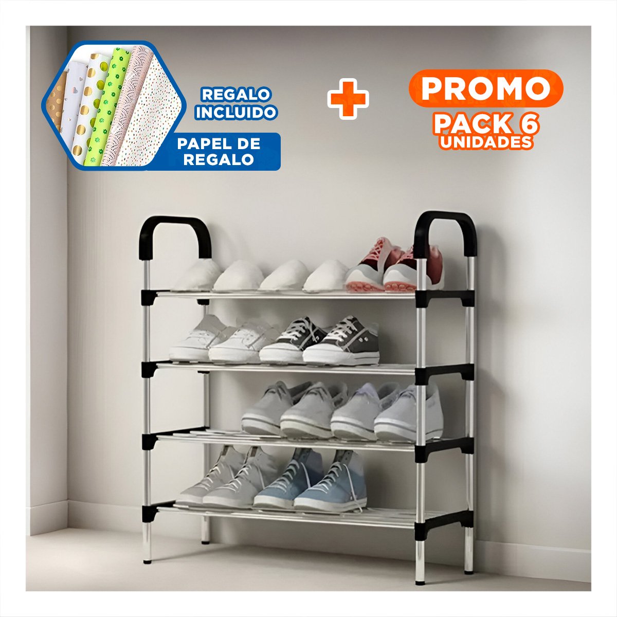 PACK6 PORTA ZAPATOS VERTICAL 4 NIVELES COMPACTO Y SEGURO Y FACIL DE USAR NEGRO Y+PAPEL REGALO - 1
