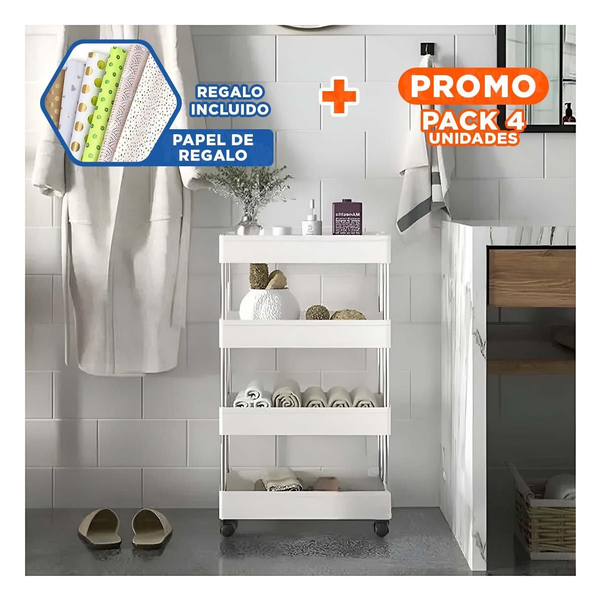 PACK4 ESTANTE MOVIL DE COCINA 4 NIVELES CON RUEDAS BLANCO PARA HOGAR Y ORDEN Y+PAPEL REGALO - 1