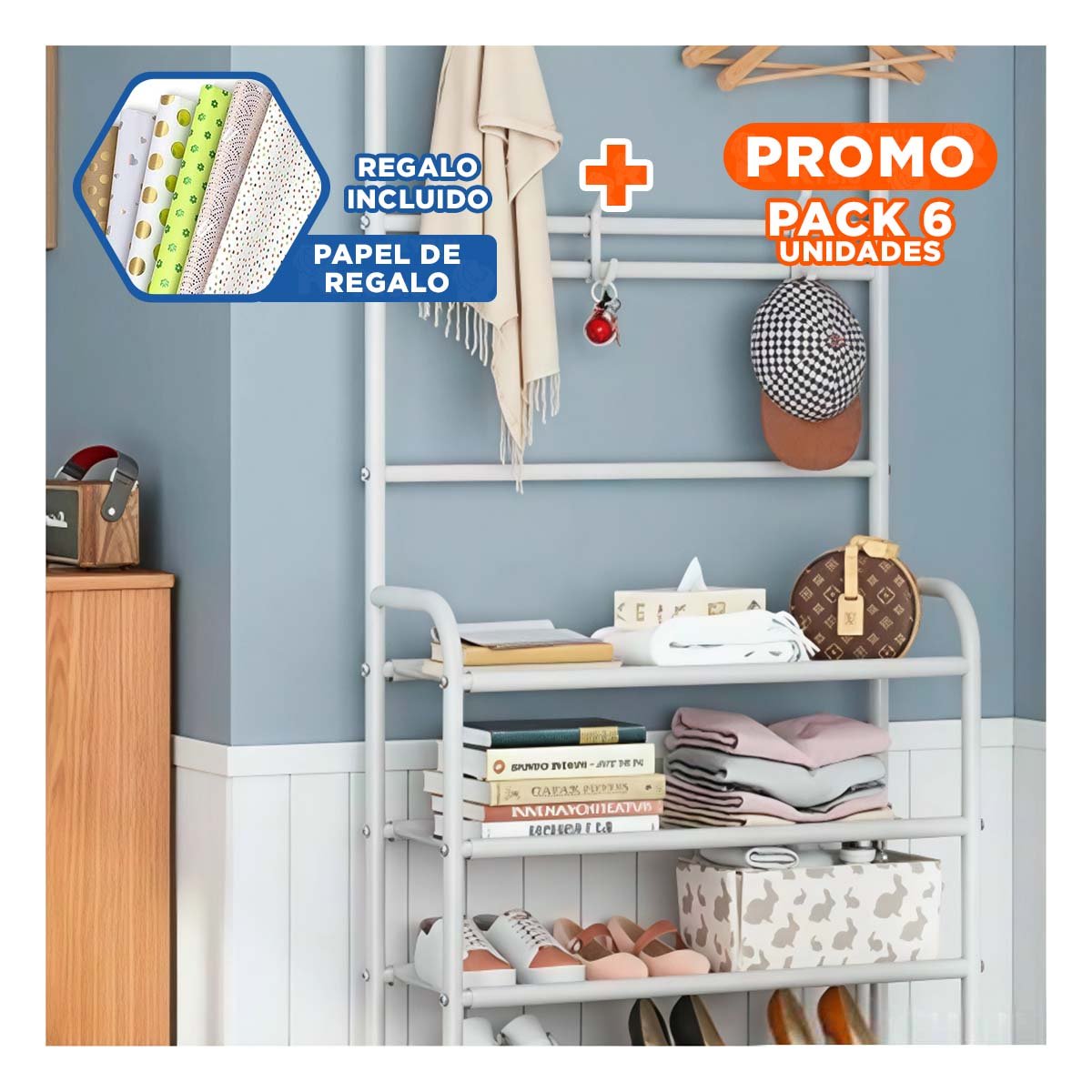 PACK6 MODULO DOMESTICO DE ZAPATOS CON PERCHEROS CURVOS BLANCO Y+PAPEL REGALO - 1