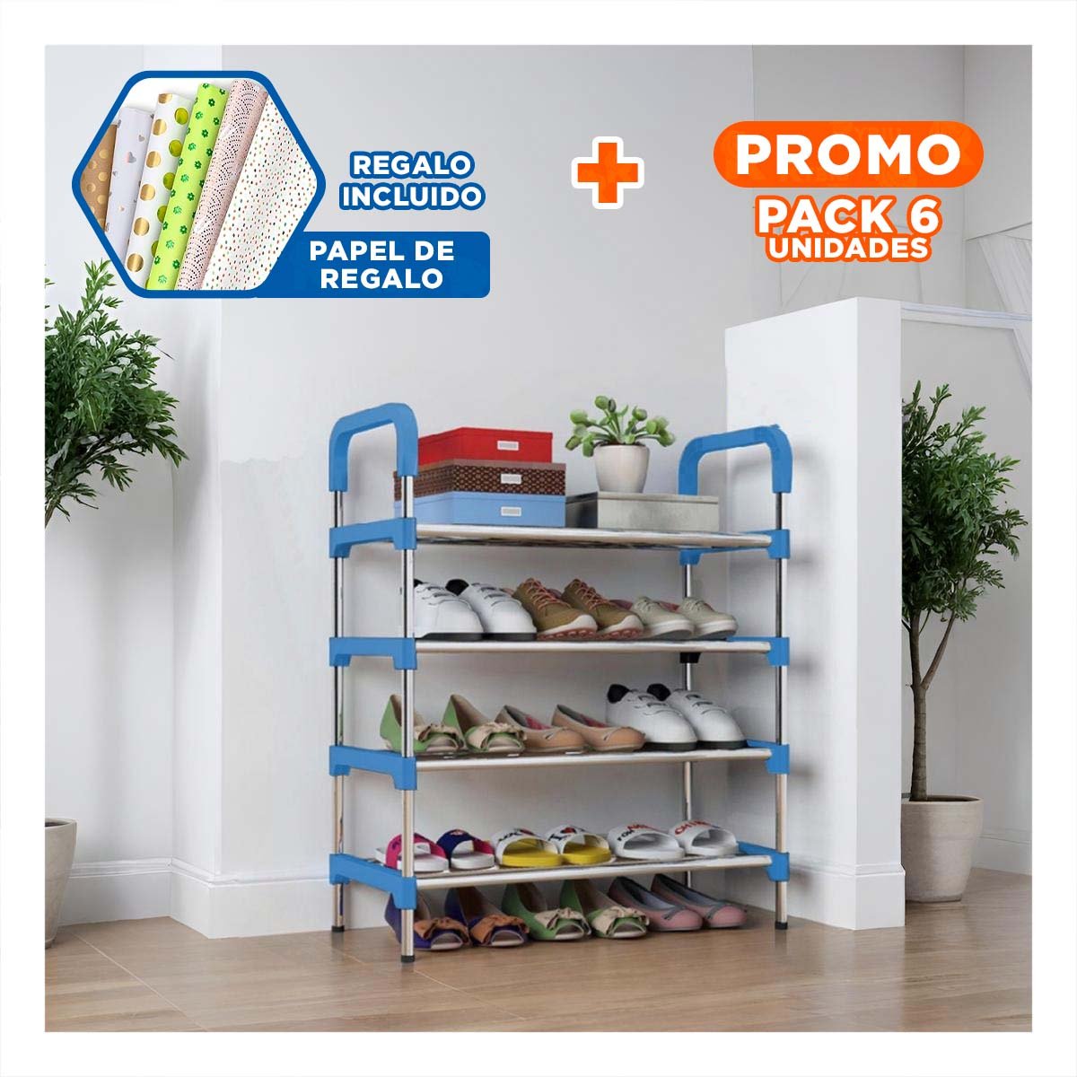 PACK6 MUEBLE VERTICAL 4 NIVELES COMPACTO Y SEGURO Y FACIL DE USAR CELESTE Y+PAPEL REGALO - 1