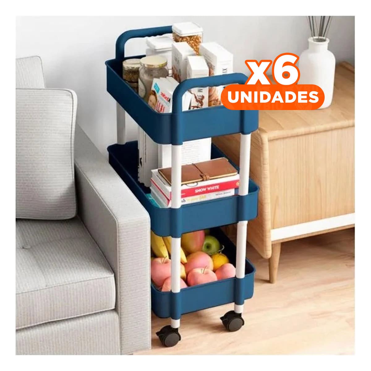 PACK6 APOYO AUXILIAR DE COCINA 3 NIVELES CON RUEDAS AZUL COMODO Y+REGALO STICKER - 1