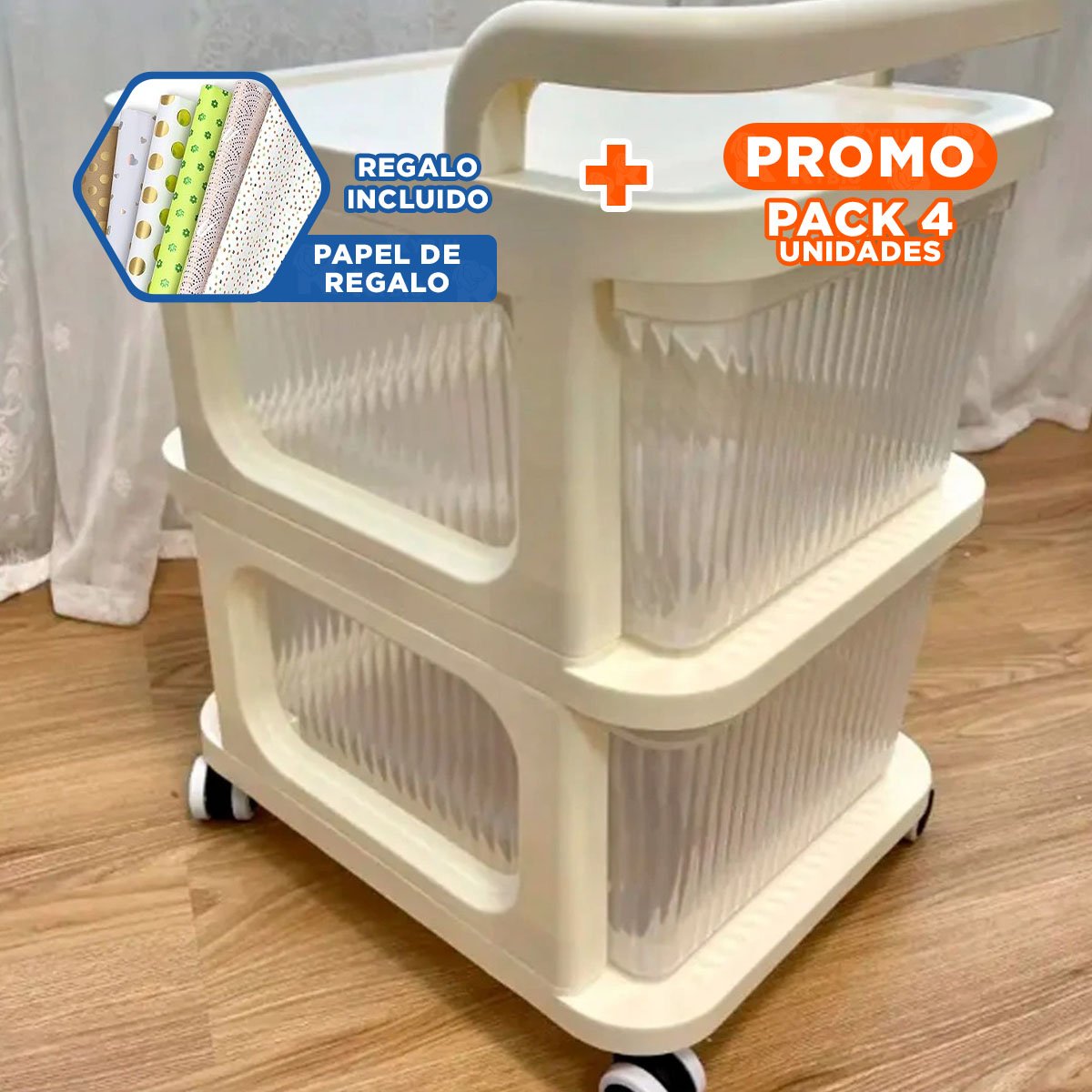 PACK4 UNIDAD AUXILIAR CERRADA CON CAJONES DE 2 NIVELES CON ASA BEIGE CLARO HOGAR Y+PAPEL REGALO - 1