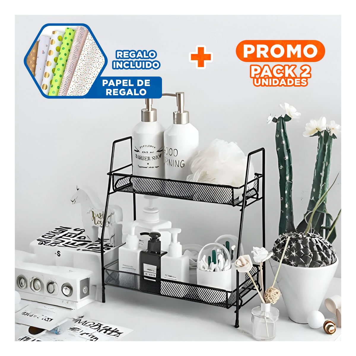 PACK2 SOPORTE 2 NIVELES MULTIUSO COMPACTO Y PRACTICO PARA HOGAR NEGRO Y+PAPEL REGALO - 1