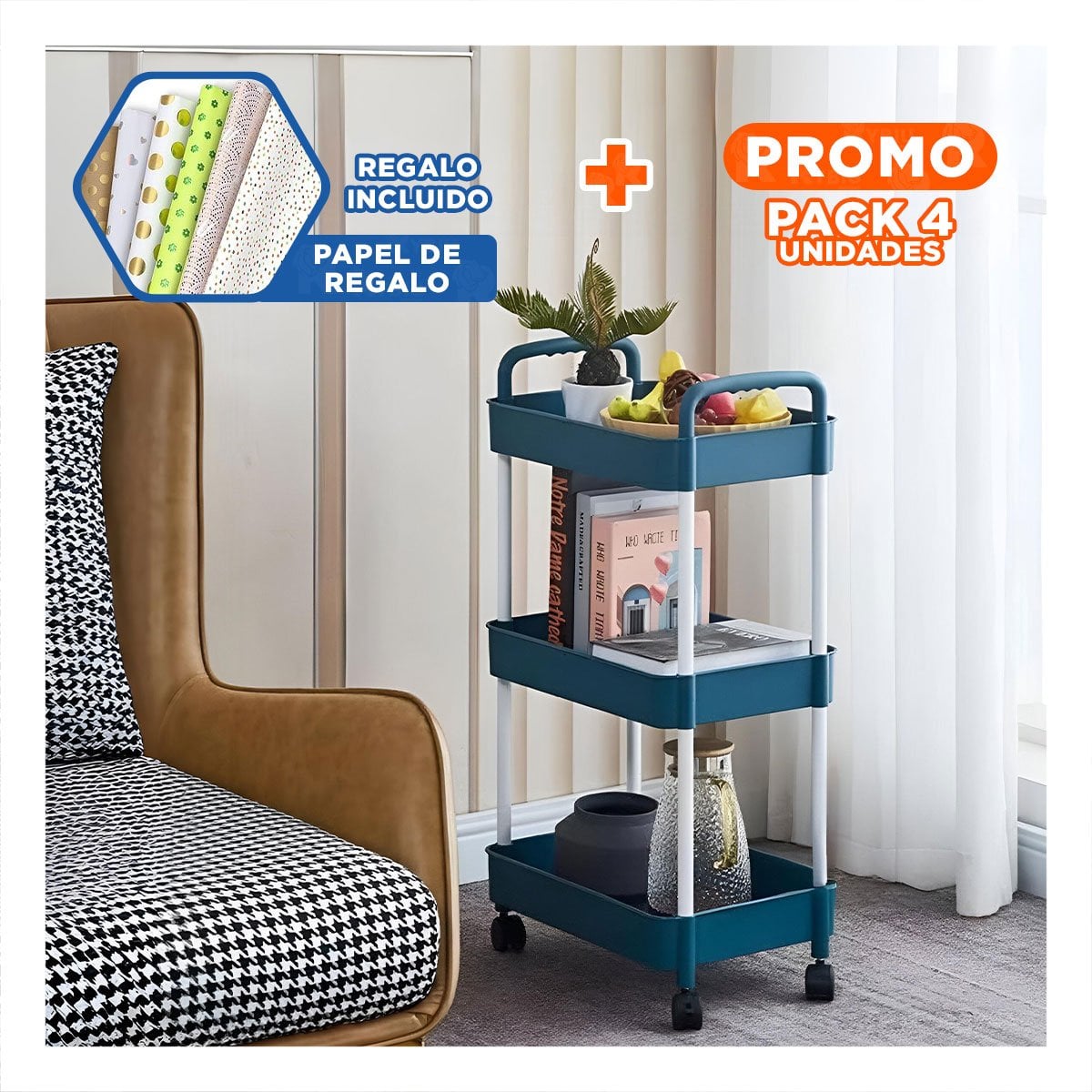 PACK4 BASE AUXILIAR DE COCINA 3 NIVELES CON RUEDAS AZUL FUNCIONAL Y+PAPEL REGALO - 1