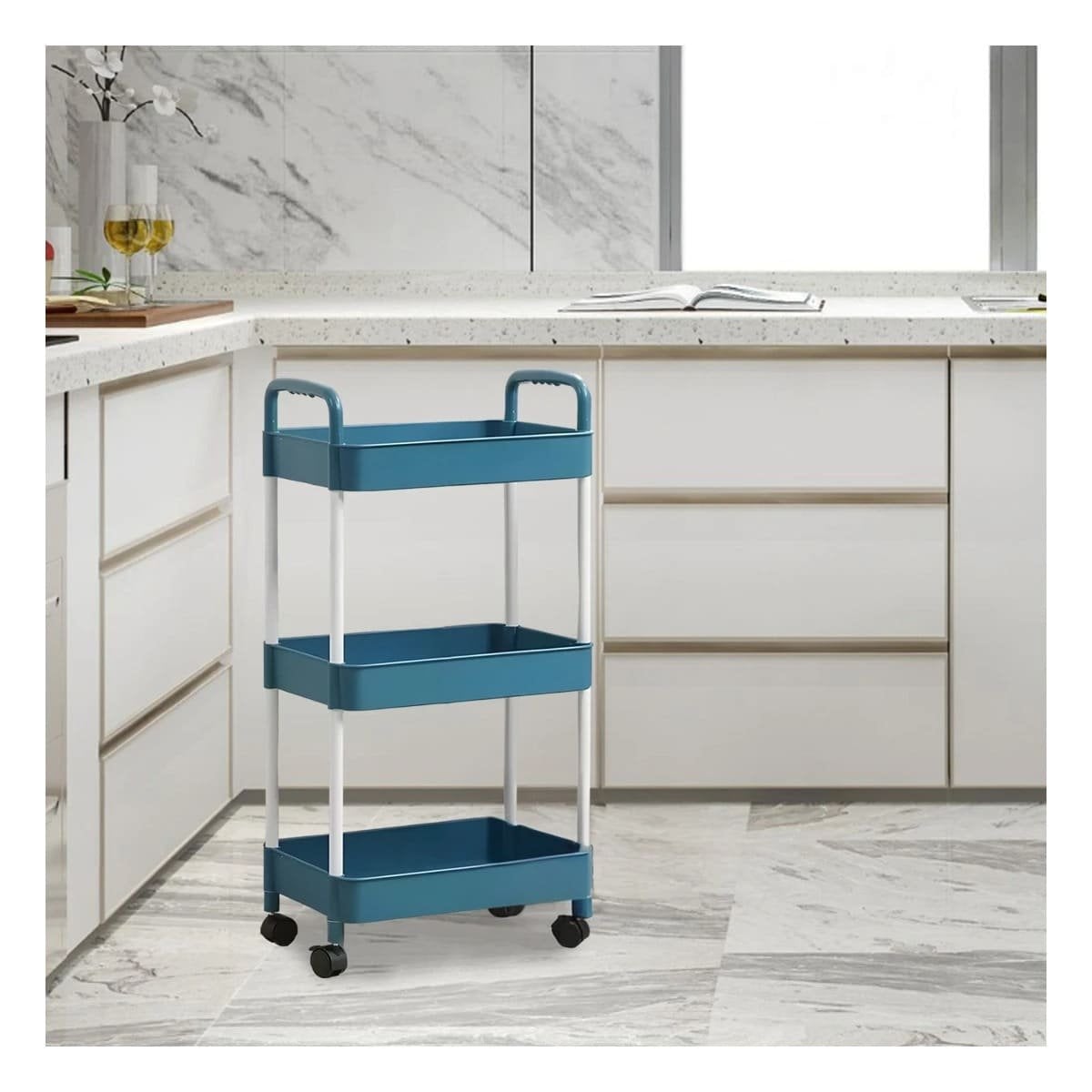 PACK4 BASE AUXILIAR DE COCINA 3 NIVELES CON RUEDAS AZUL FUNCIONAL Y+PAPEL REGALO - 2