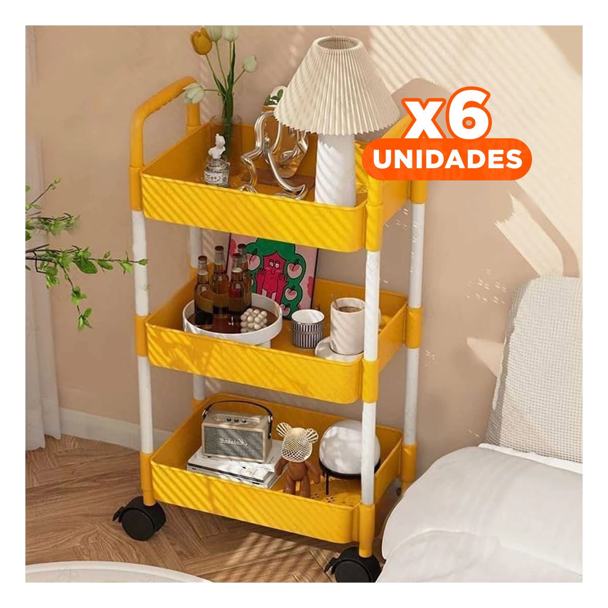 PACK6 ESTACION MOVIL DE COCINA 3 NIVELES CON RUEDAS AMARILLO PARA APOYO Y+REGALO STICKER - 1