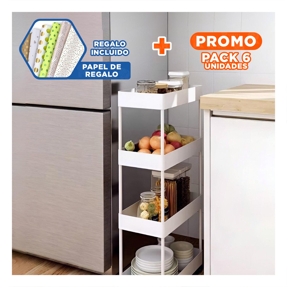 PACK6 MODULO DELICADO DE COCINA 4 NIVELES CON RUEDAS BLANCO 90 X 13 X 40 CM Y+PAPEL REGALO - 1