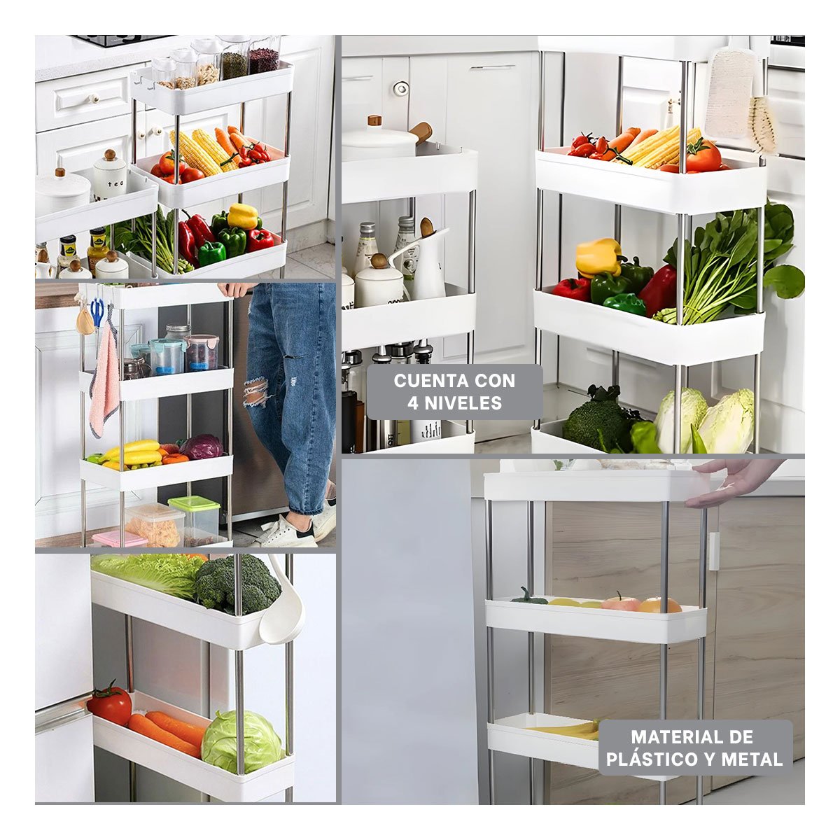 PACK6 MODULO DELICADO DE COCINA 4 NIVELES CON RUEDAS BLANCO 90 X 13 X 40 CM Y+PAPEL REGALO - 3