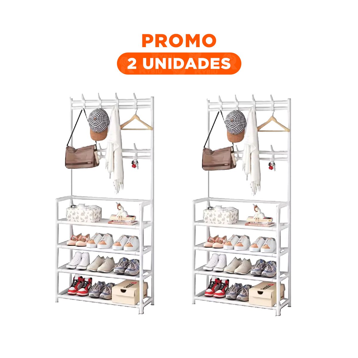 PACK2 MUEBLE PRACTICO ZAPATERO CON PERCHEROS RECTO BLANCO PARA HOGAR - 1