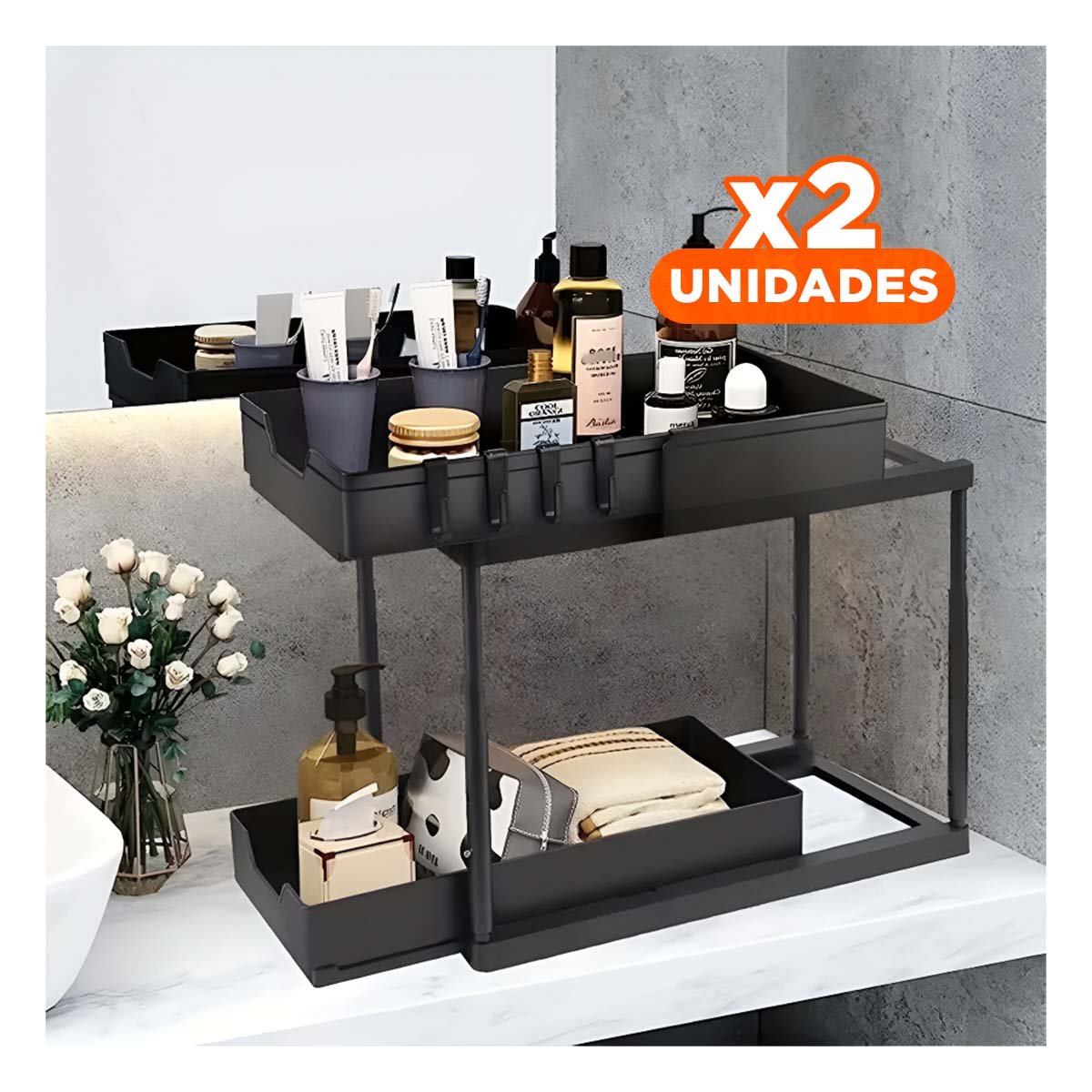 PACK2 ESTANTERO 2 NIVELES CON 2 CAJONES DESLIZABLES COMPACTO Y FUNCIONAL NEGRO Y+REGALO STICKER - 1