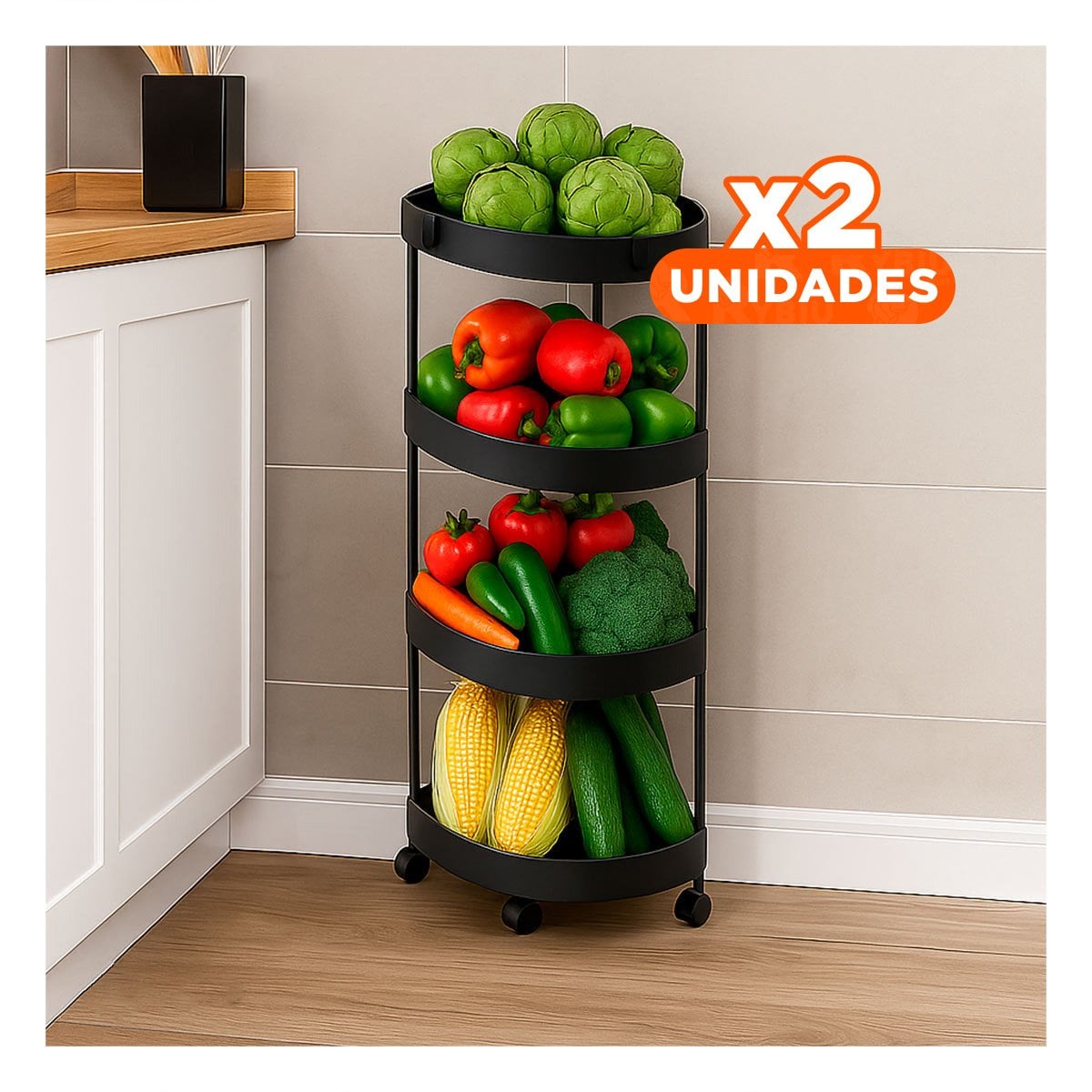 PACK2 ORGANIZADOR ESQUINERO DE 4 NIVELES CON RUEDAS NEGRO PRACTICO PARA HOGAR Y+REGALO STICKER - 1