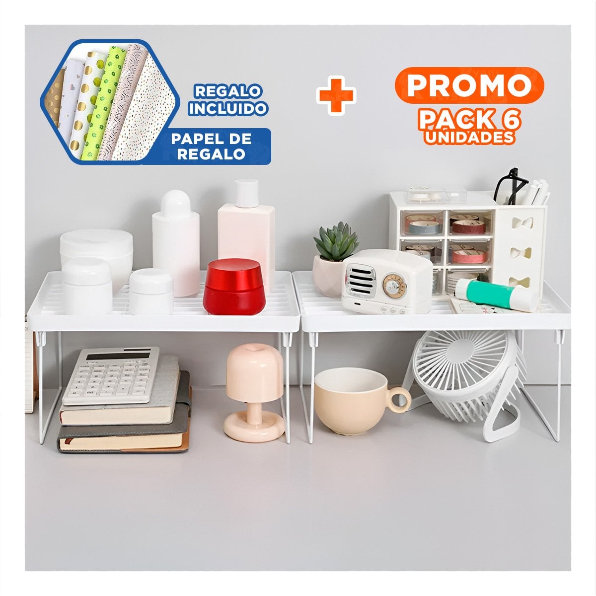 PACK6 EQUIPO DE ESTANTE 31X16X20 CM BLANCO DE ESTETICA MODERNA PARA PADRES Y+PAPEL REGALO - 1