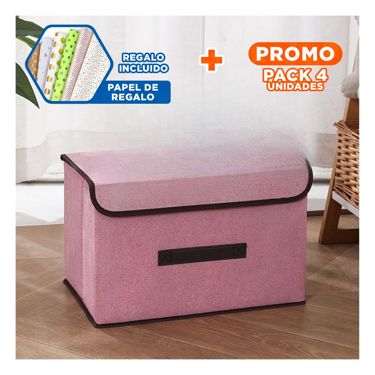 PACK4 CESTA PLEGABLE TELA ROSADO 25X19X16CM PARA GUARDADO PRACTICO Y+PAPEL REGALO - 1