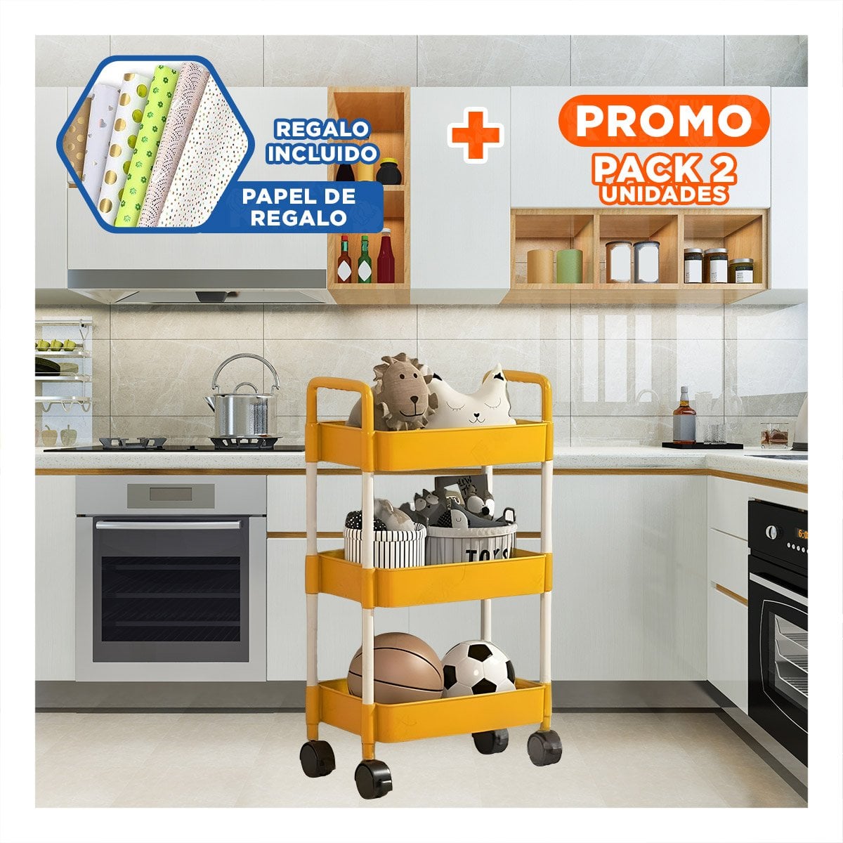 PACK2 MODULO AUXILIAR MOVIL DE COCINA 3 NIVELES CON RUEDAS AMARILLO PARA HOGAR Y+PAPEL REGALO - 1